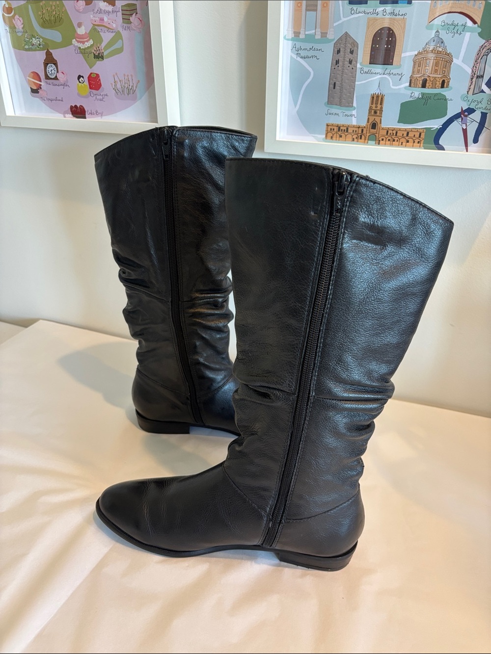 ALDO Black faux Leather slouchy Mid-Calf Boots side zipper round toe flats sz 8 - Picture 8 of 17